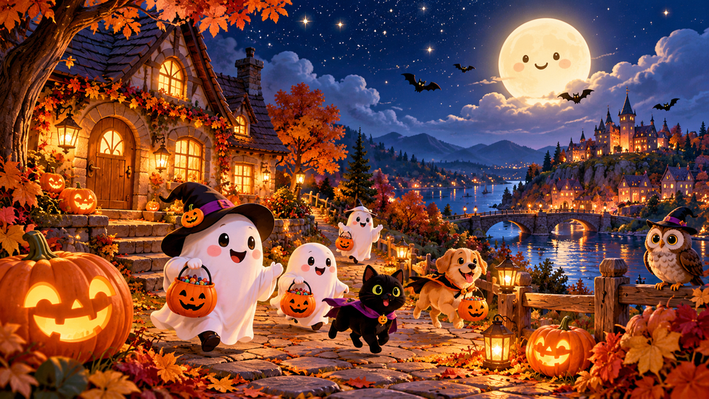 Smiling ghosts, a black cat and glowing jack-o’-lanterns in a moonlit autumn village.