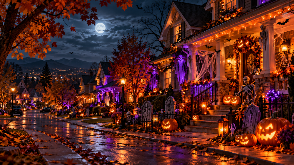 Houses decorated with pumpkins, cobwebs and orange and purple lights along a moonlit neighborhood street.