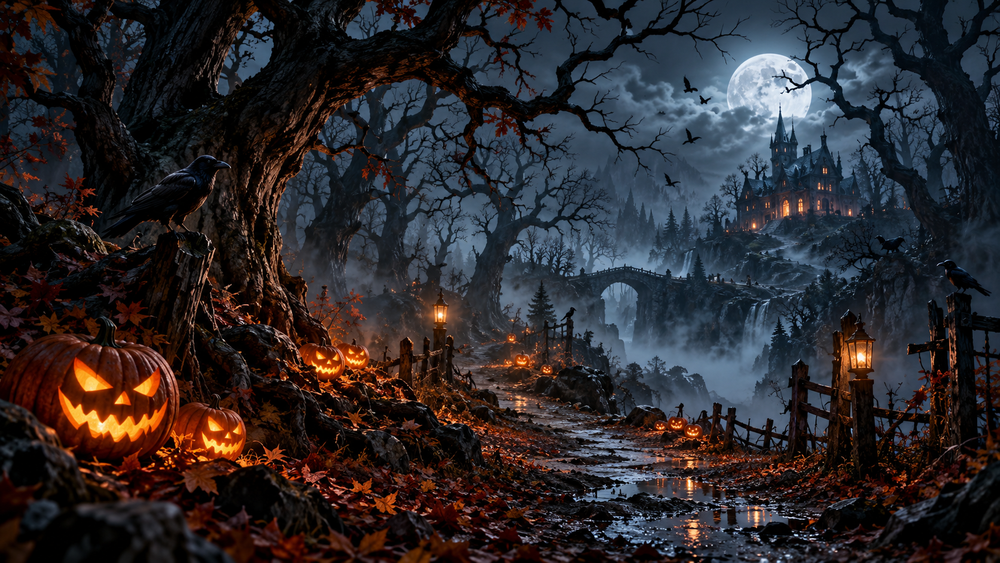 A lantern-lit woodland path with carved pumpkins leads toward a distant gothic manor beneath a full moon.