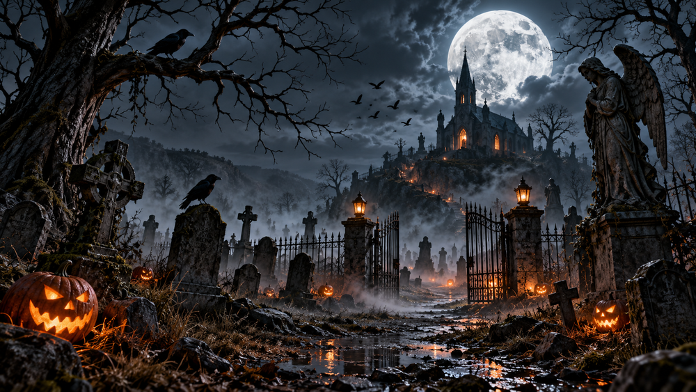 Glowing pumpkins, ravens and weathered gravestones frame an iron gate and gothic church under the full moon.