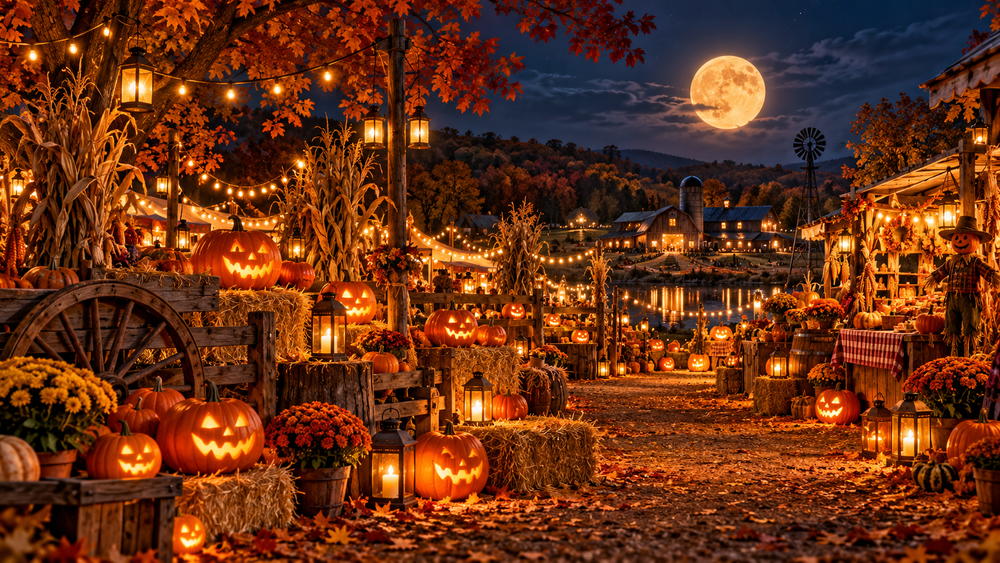 Glowing jack-o’-lanterns, hay bales, corn stalks and string lights fill a harvest festival scene at night.