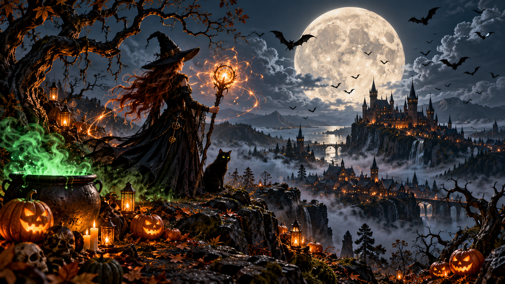 A witch and black cat stand beside a glowing green cauldron above a gothic village and moonlit castle.