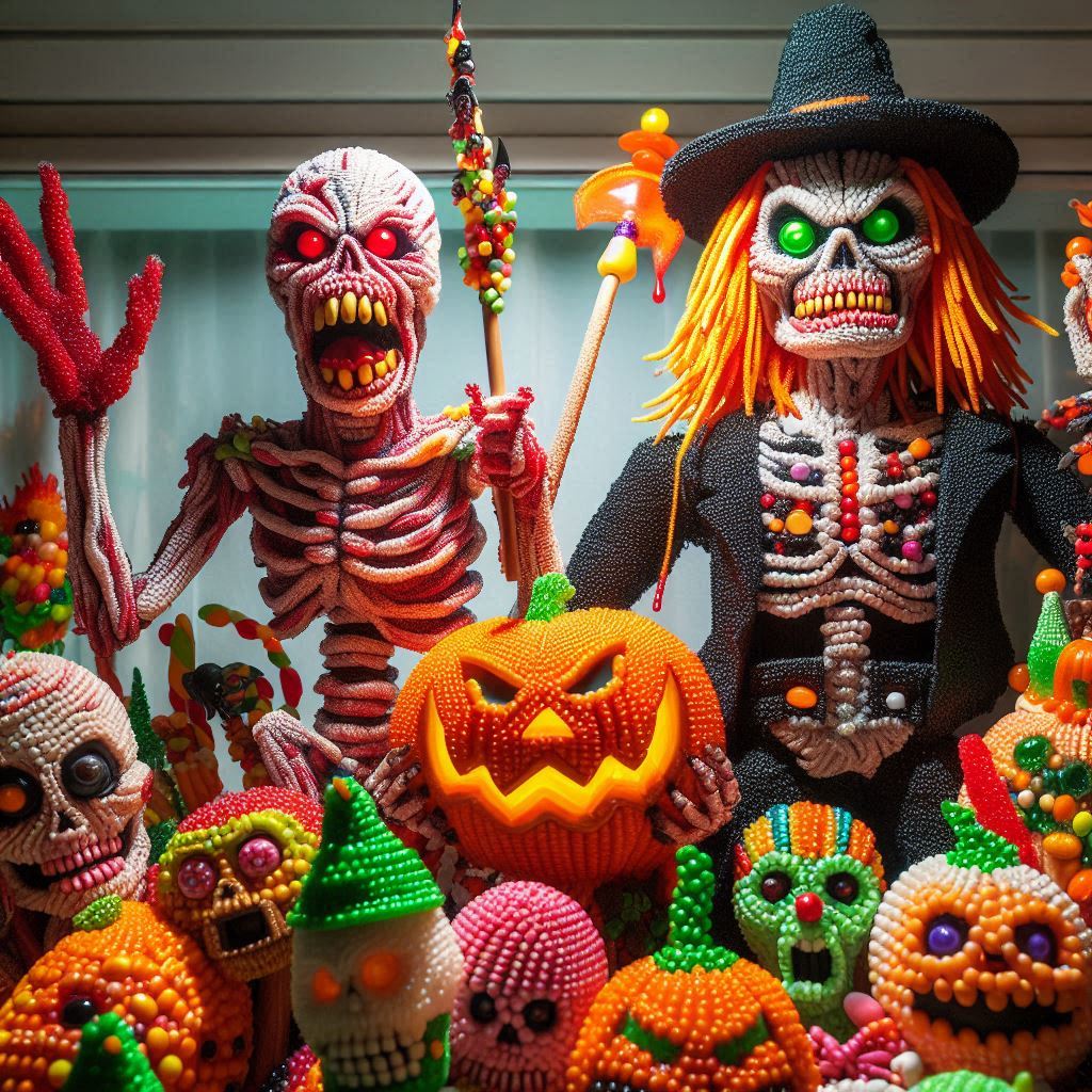 Colorful candy-style skulls and pumpkin figures surround two skeletal Halloween characters.