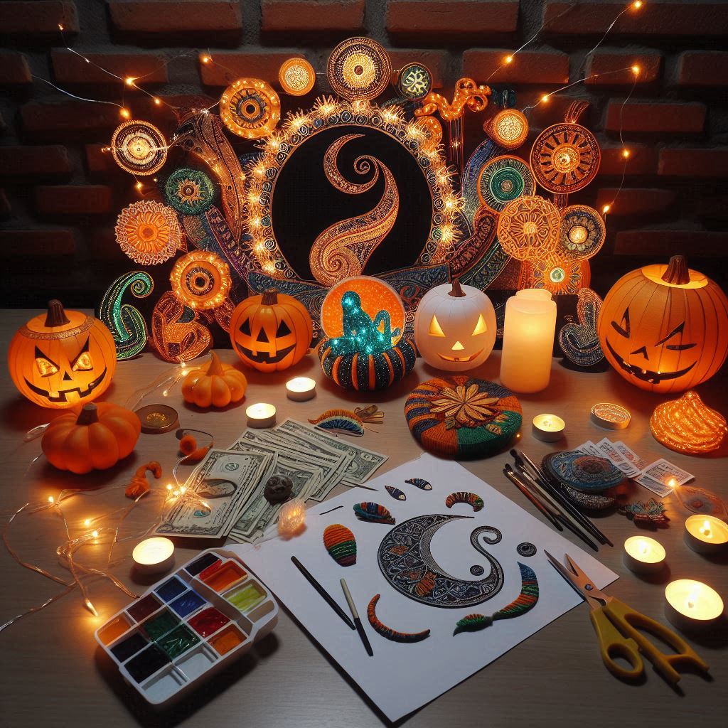 Paints, paper cutouts and scissors sit among glowing pumpkins and circular decorations on a craft table.