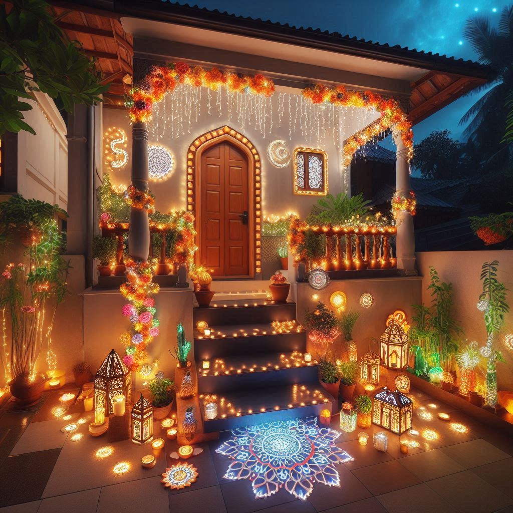 An ornate house entrance is decorated with warm lanterns, pumpkins and a colorful floor pattern.