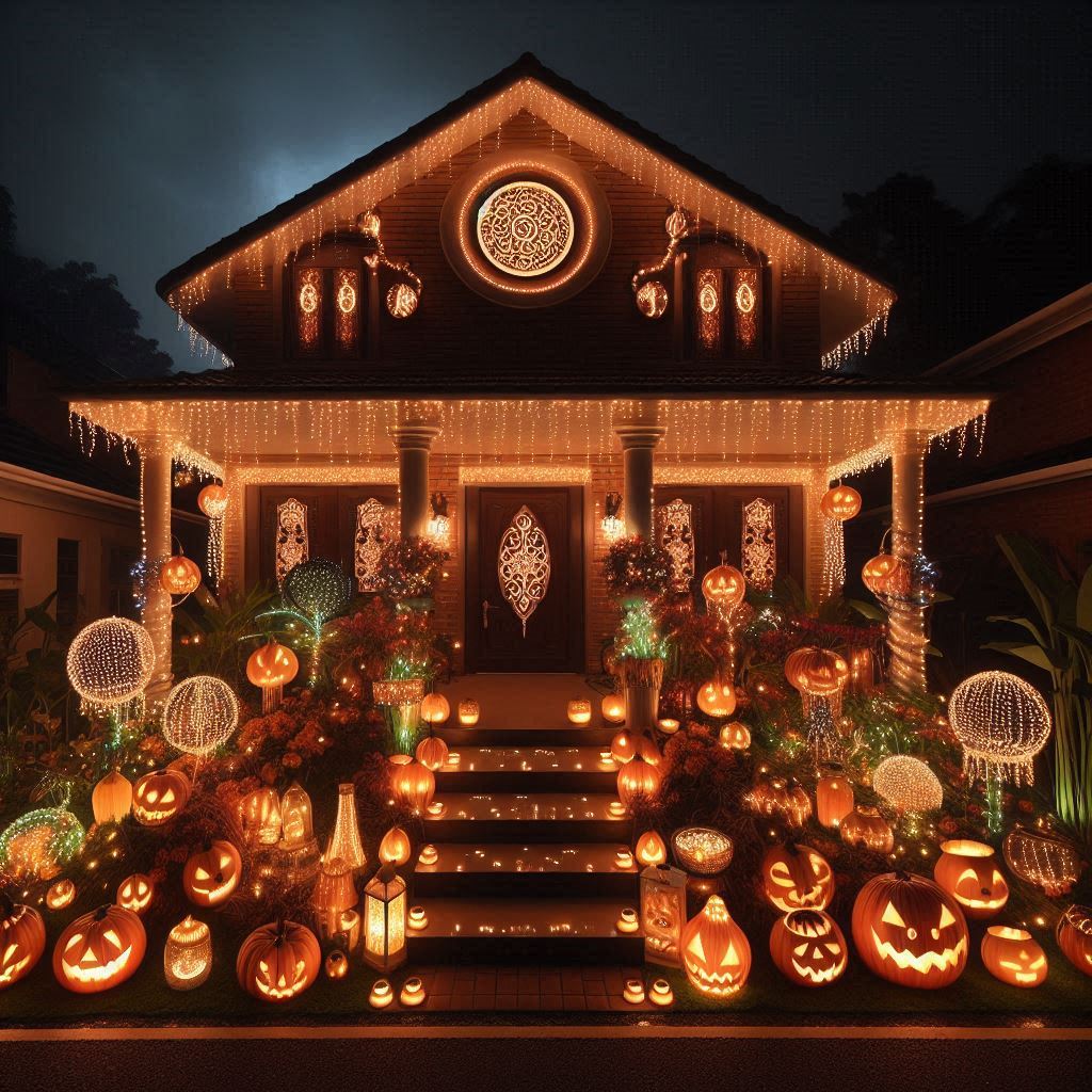 A house at night is decorated with glowing pumpkins, hanging ornaments and warm lights.