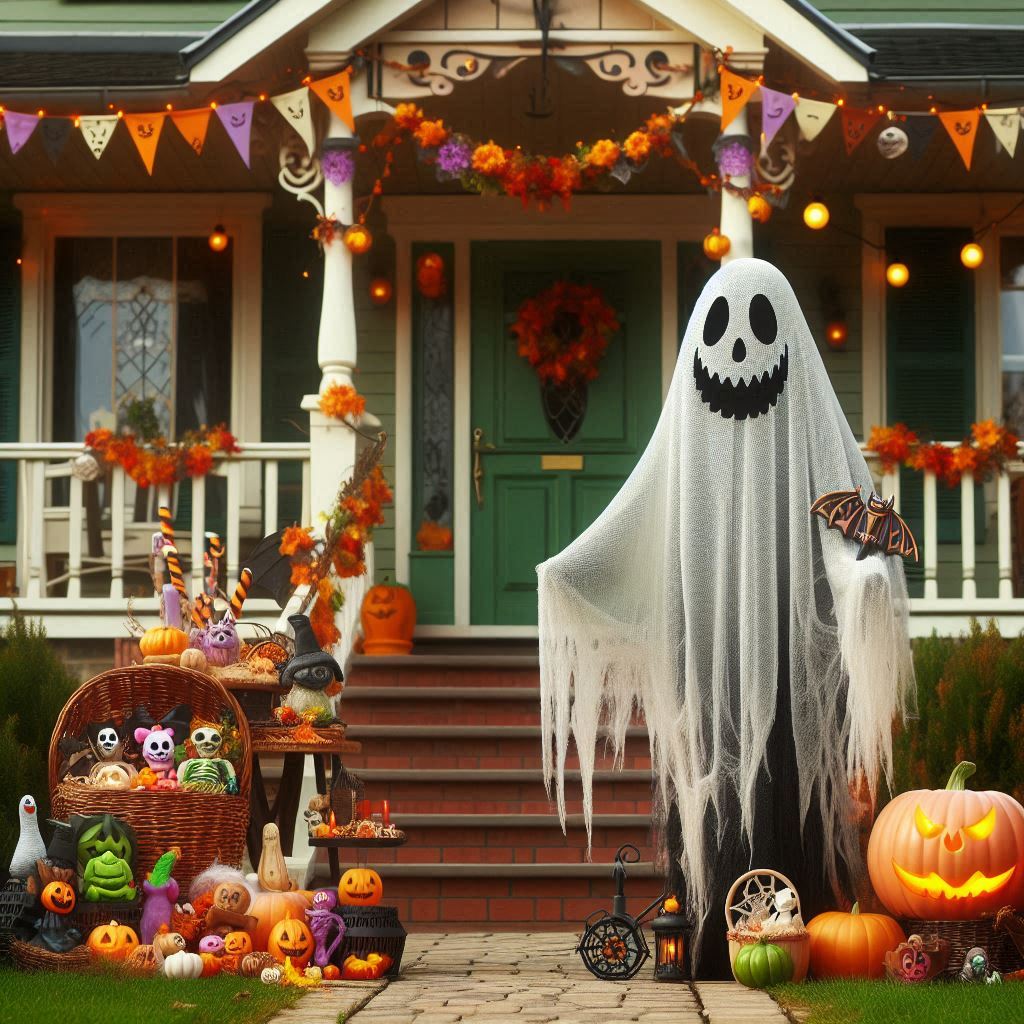 A white sheet-style ghost stands beside a porch decorated with pumpkins, leaves and bunting.