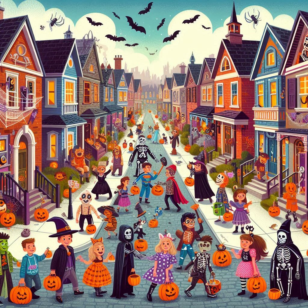 Costumed children and Halloween characters fill a street of colorful houses and pumpkin decorations.