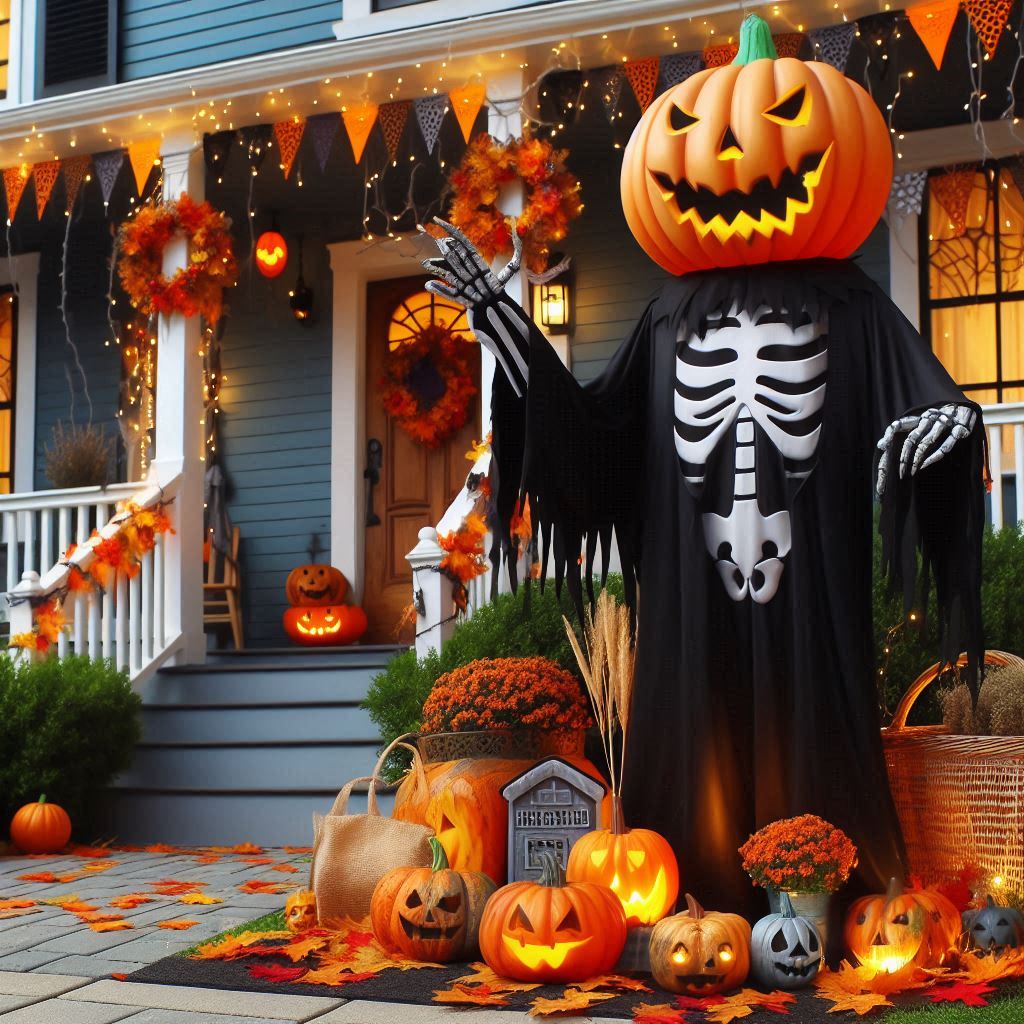 A tall pumpkin-headed figure in a skeleton outfit stands beside a porch filled with jack-o’-lanterns.