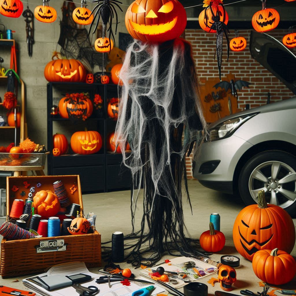 A hanging pumpkin-headed ghost floats above a garage workspace beside a parked car and pumpkin decorations.