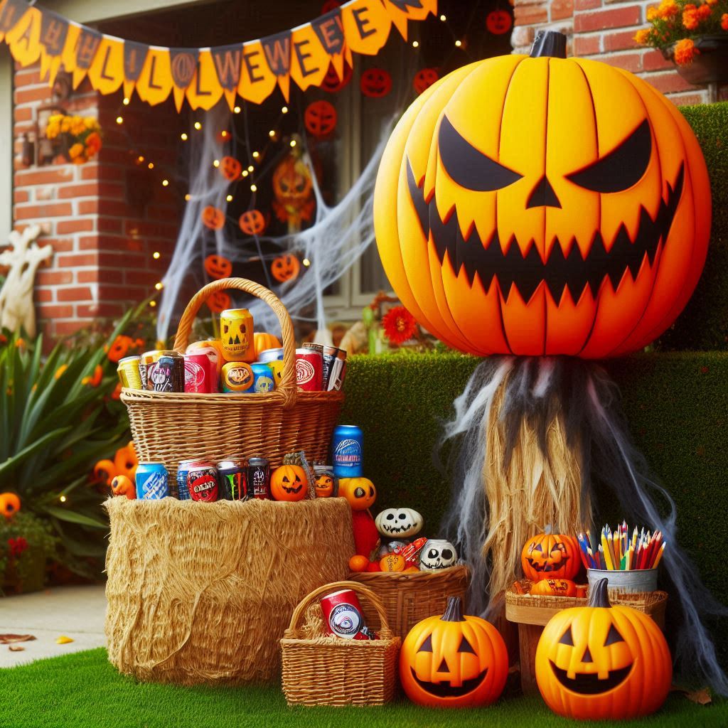 Candy baskets and a tall pumpkin-headed character are arranged among hay bales and pumpkins beside a house.
