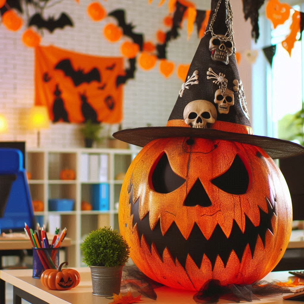 A carved pumpkin wearing a pointed witch hat sits on a desk in a decorated workspace.