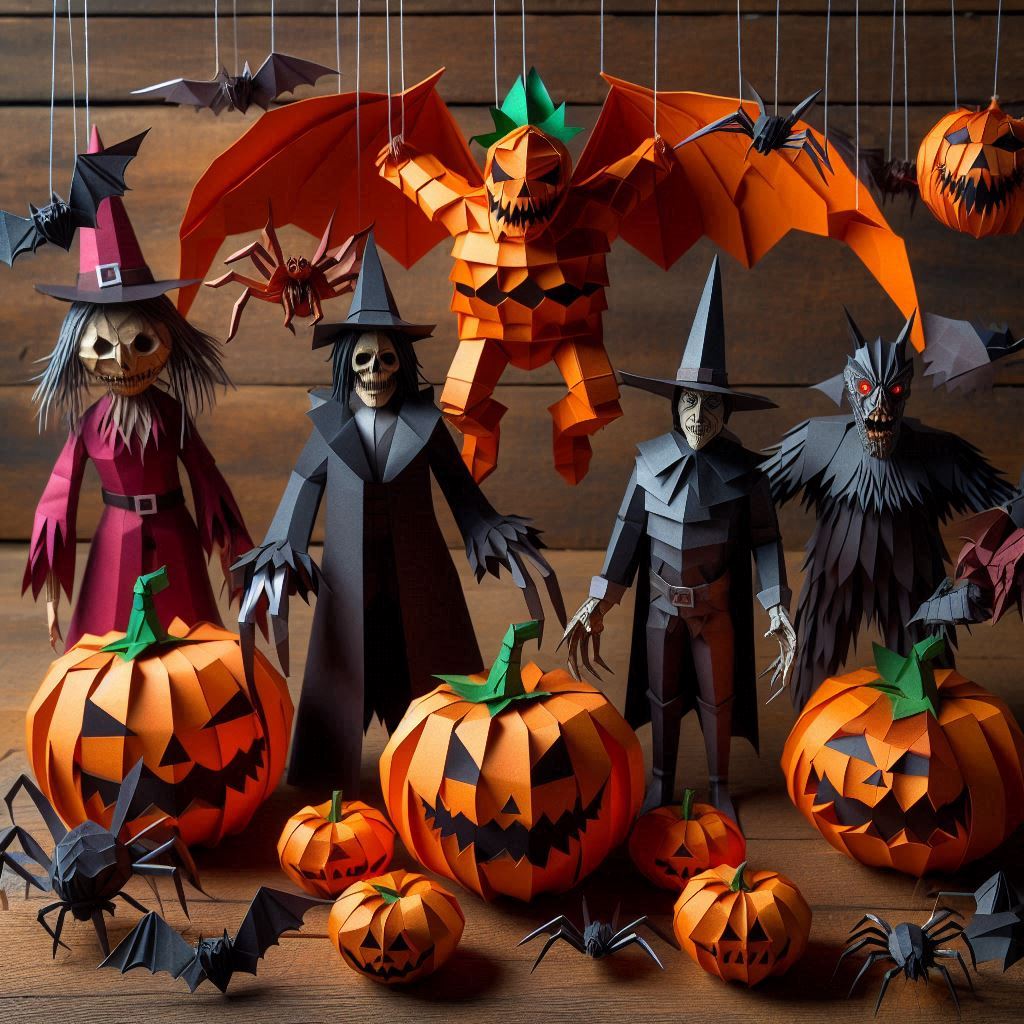 Folded-paper witches and other spooky figures stand with orange paper pumpkins and a hanging paper dragon.