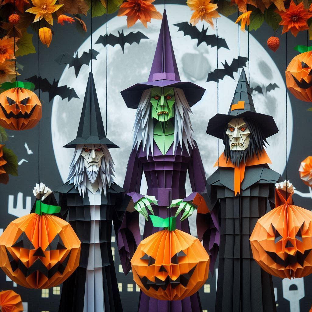 Angular paper witches, hanging bats and orange paper pumpkins are arranged against a full-moon backdrop.