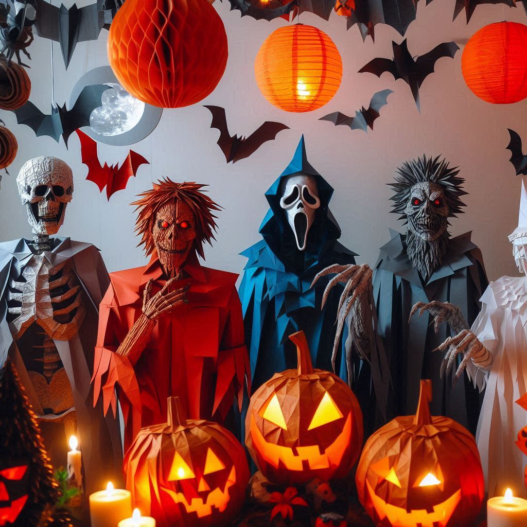Folded-paper skeletons and spooky characters stand below hanging orange lanterns and bats.