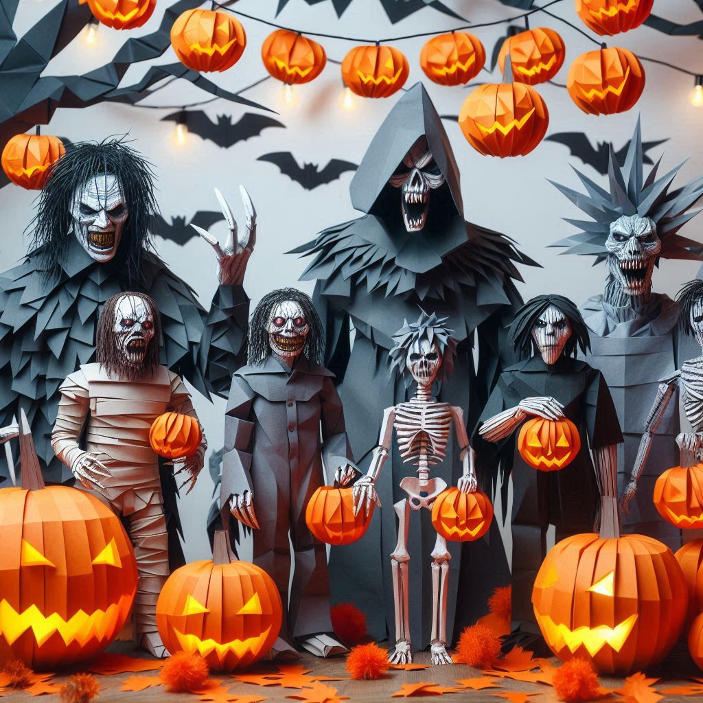 Paper-style skeletal and hooded Halloween figures gather beneath a full moon and orange lanterns.
