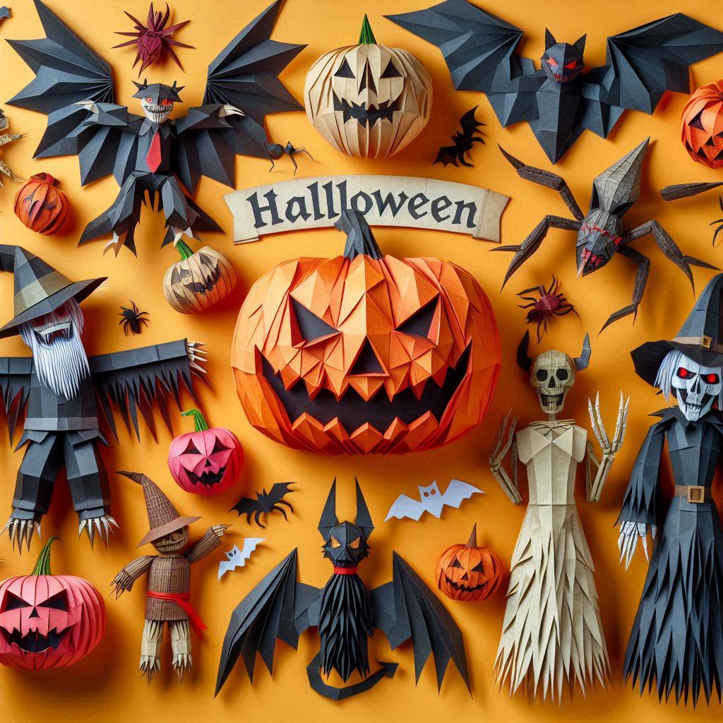 Folded-paper bats, witches, pumpkins and other Halloween shapes surround a large orange pumpkin.