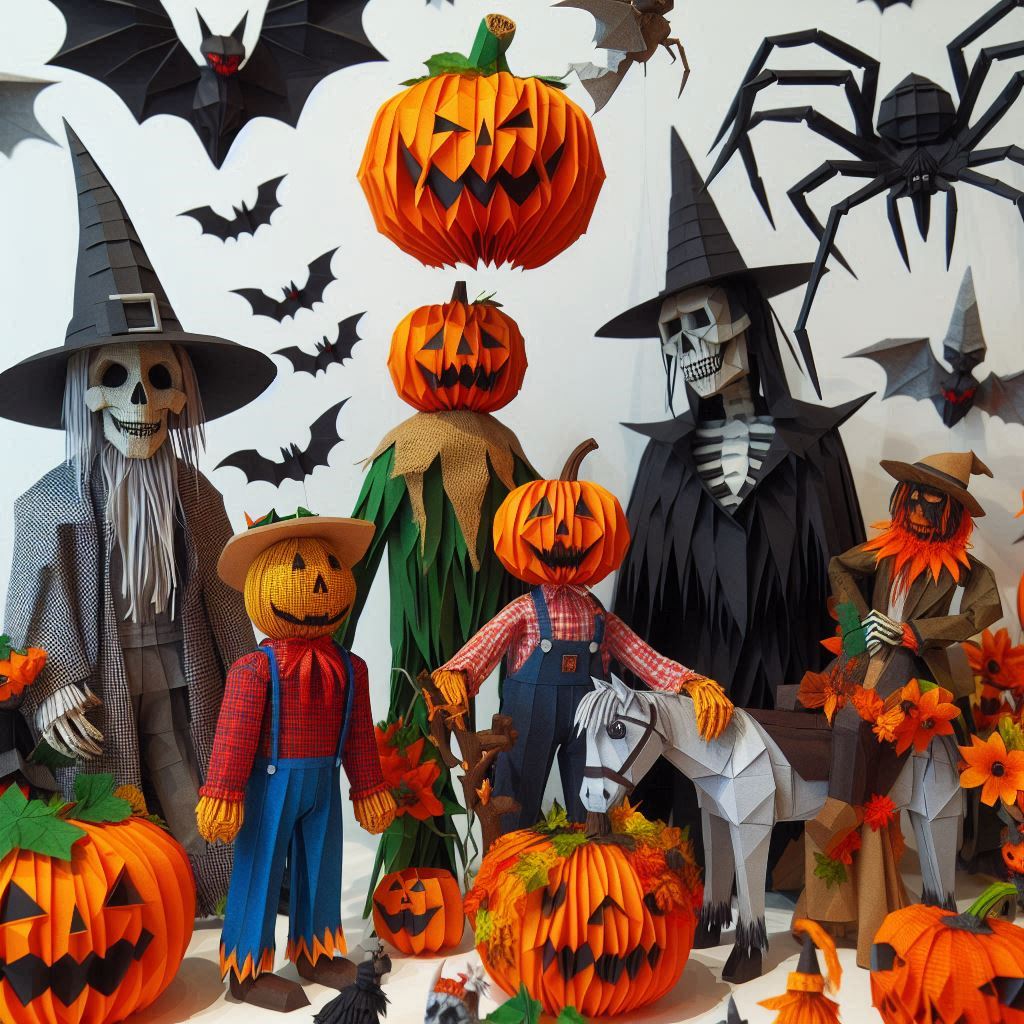 Witch figures, hanging bats, spiders and bright orange pumpkins fill a Halloween display.