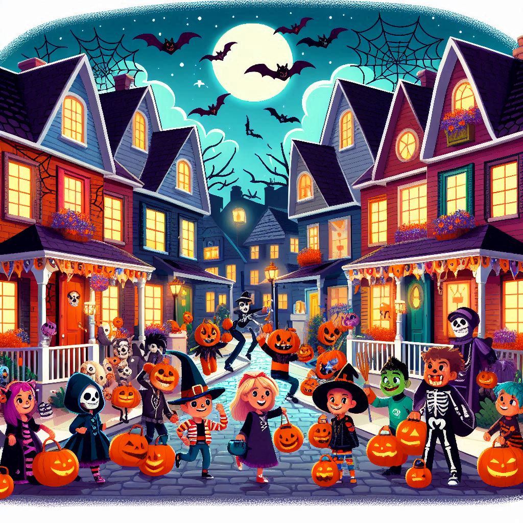 Costumed children gather with pumpkin buckets on a brightly decorated neighborhood street beneath the moon.