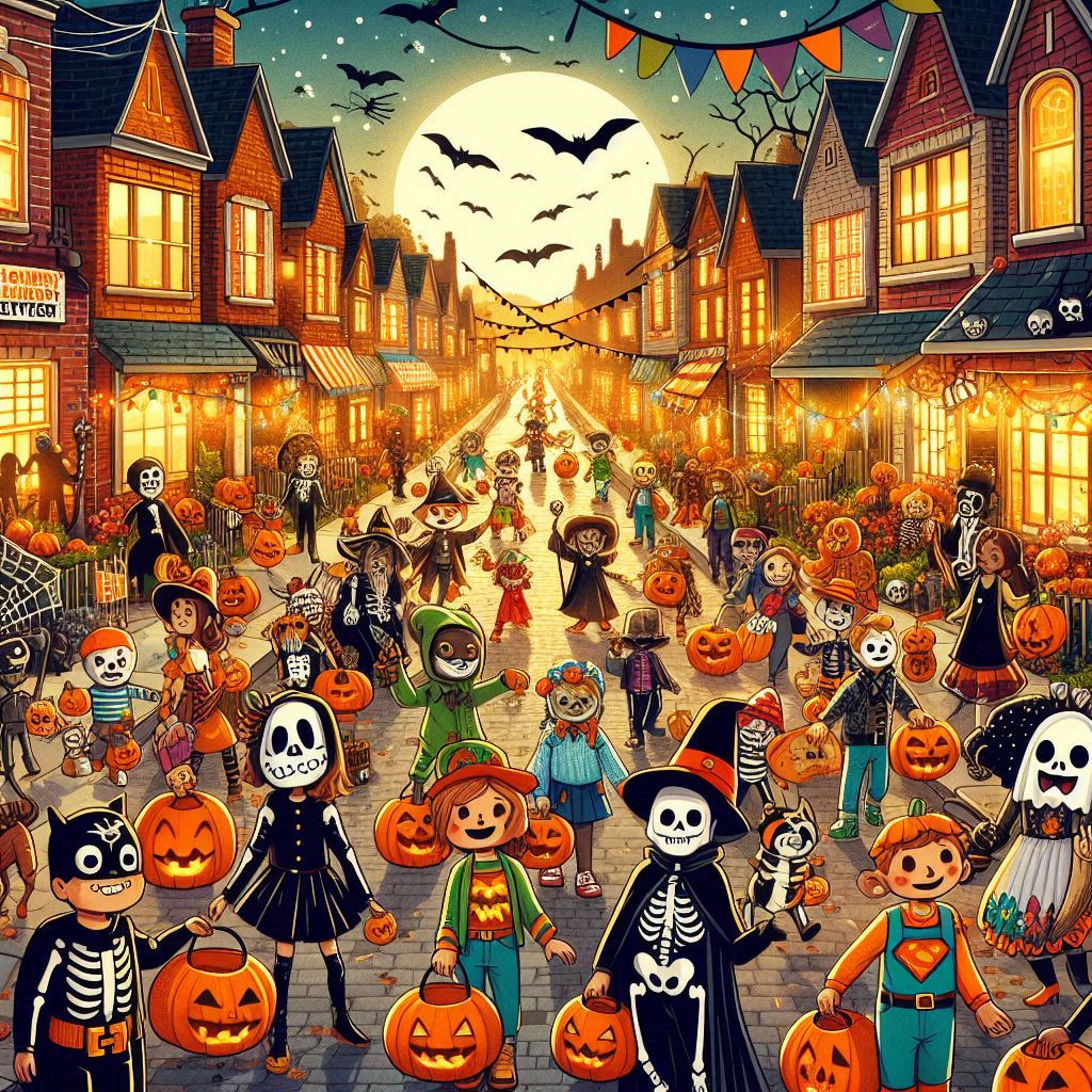 A crowd of costumed characters fills a warm, pumpkin-lit street between rows of houses.