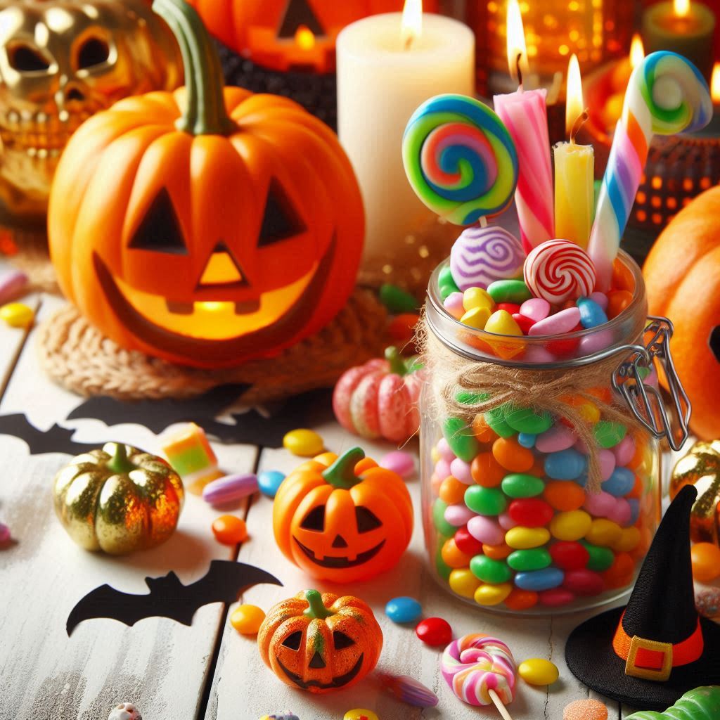 A jar of colorful candy and lollipops sits beside small pumpkin treats and a carved jack-o’-lantern.