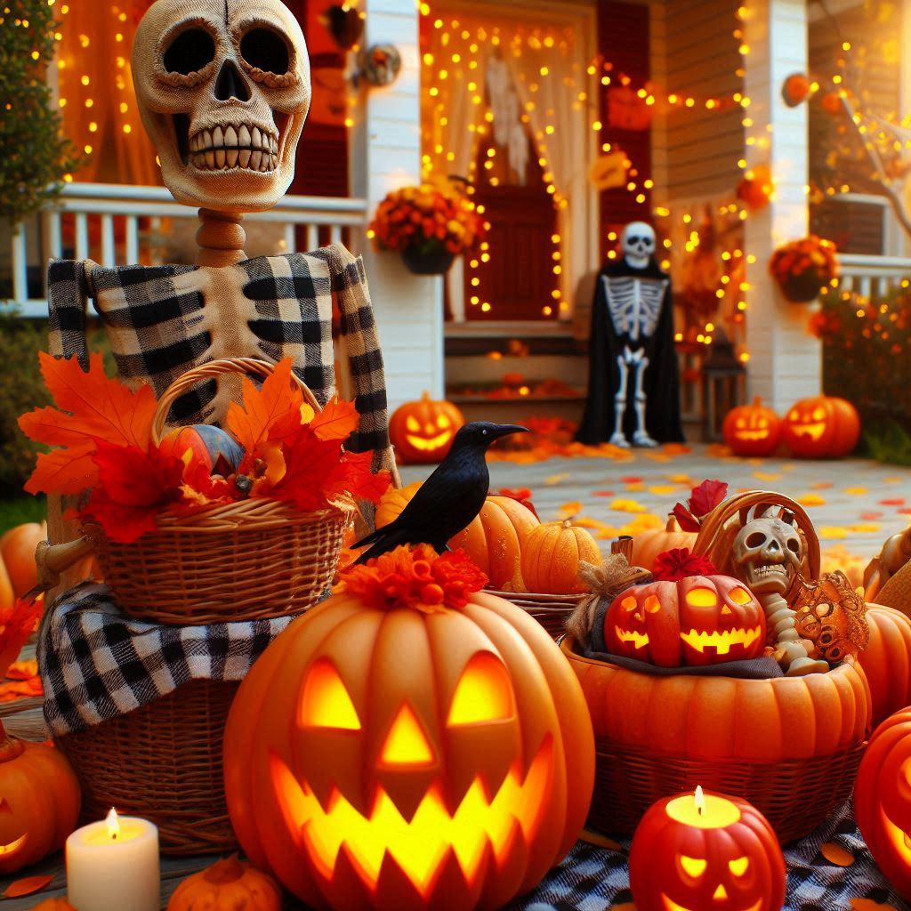 A smiling skeleton in a checked shirt stands with a basket beside carved pumpkins and autumn decorations.